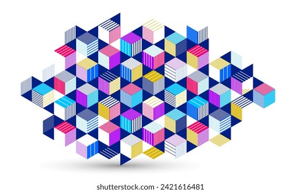 3D isometric cubic design vector geometric abstract background, modern city abstraction theme, construction buildings and blocks look like shapes, polygonal style.