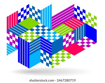 3D isometric cubic design vector geometric abstract background, modern city abstraction theme, construction buildings and blocks look like shapes, polygonal style.