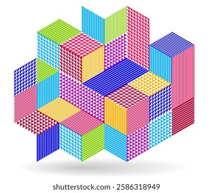 3D isometric cubic design vector geometric abstract background, modern city abstraction theme, construction buildings and blocks look like shapes, polygonal style.