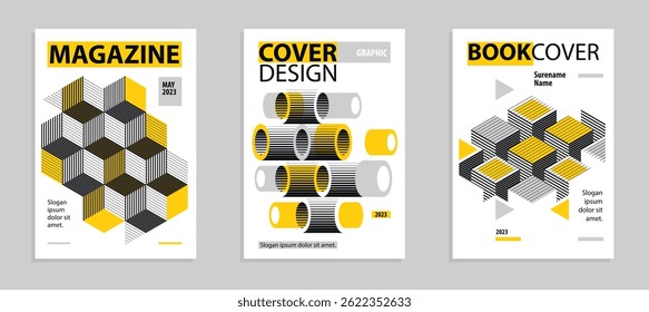3D isometric cubic design vector geometric abstract backgrounds set, covers and posters with cubes, construction buildings and blocks look like shapes.