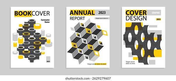 3D isometric cubic design vector geometric abstract backgrounds set, covers and posters with cubes, construction buildings and blocks look like shapes.