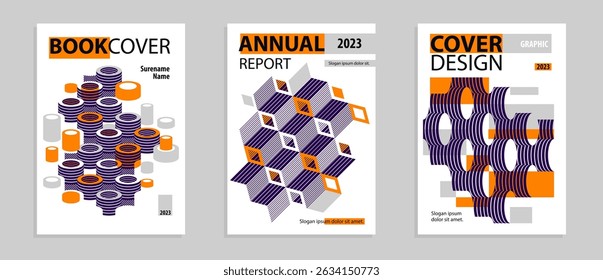 3D isometric cubic design vector geometric abstract backgrounds set, covers and posters with cubes, construction buildings and blocks look like shapes.