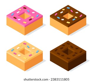 3d isometric cubic donuts set. Pink and chocolate frosting with sprinkles. Vector illustration.