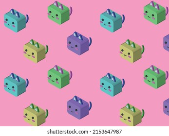 3d Isometric Cubical Cute Cat Seamless Pattern