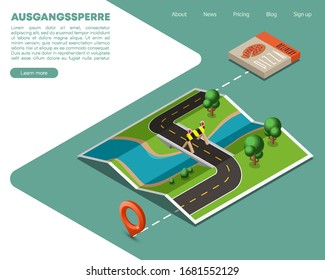 3D Isometric curfew map delivery pizza navigation, lockdown point marker delivery food isometry, quarantine drawing schema