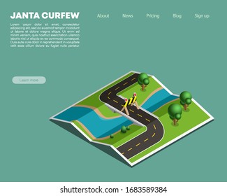 Navegación de mapa de toque de queda isométrico 3D, isometría de marcador de punto de bloqueo, esquema de dibujo de cuarentena