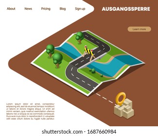 Navegación de mapa de toque de queda isométrico 3D, isometría de marcador de punto de bloqueo, esquema de dibujo de cuarentena con carga