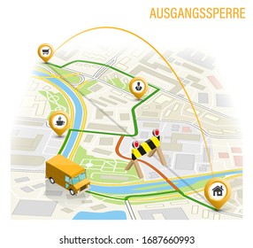 Navegación de mapa de toque de queda isométrico 3D, isometría de marcador de punto de bloqueo, esquema de dibujo de cuarentena con carga, texto alemán ausgangssperre, en inglés toque de queda