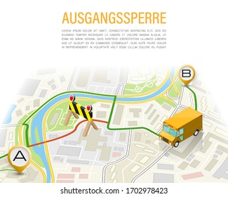 Navegación de mapa de toque de queda isométrico 3D, isometría de marcador de punto de bloqueo, esquema de dibujo de cuarentena con carga, texto alemán ausgangssperre, en inglés toque de queda