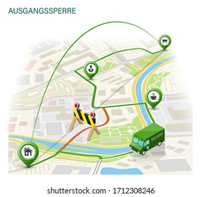3D Isometric curfew map navigation, lockdown point marker isometry, quarantine drawing schema with cargo, german text ausgangssperre 