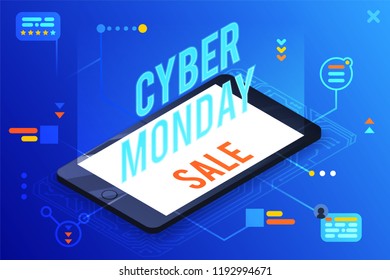 3d isometric cyber monday sale online smartphone hologram promotion text flat design vector illustration