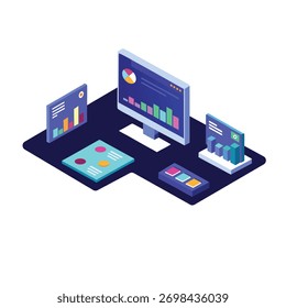 3D Isometric Data Analysis Dashboard. Floating Screens, Charts, and Graphs Visualizing Business Intelligence and Performance Metrics for a Modern Workspace