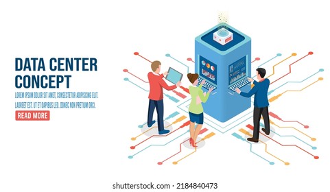 Concepto de centro de datos isométrico 3D con servicio digital, aplicación con transmisión de datos, tecnologías de computación en red, base de datos de servidor de hospedaje.  Ilustración vectorial eps10