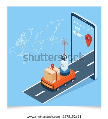 3D Isometric Delivery technology Concept with Robotic vehicles move box along sidewalks, using Cameras, GPS and tracking technology to deliver goods to people.