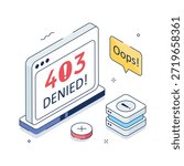 3D isometric design of 403 forbidden page showing access denied warning.
