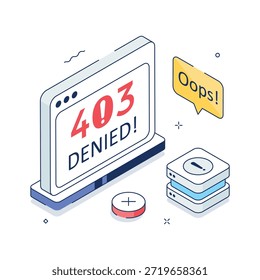3D isometric design of 403 forbidden page showing access denied warning.