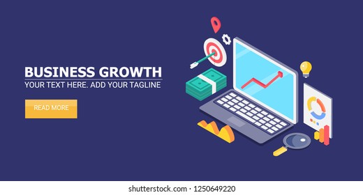 3D, isometric design, Business growth, Financial success,  profit from business, flat vector banner with icons and texts