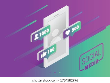 Diseño isométrico 3D con iconos de teléfonos celulares y medios sociales en los pines. Ilustración del vector con fondo degradado