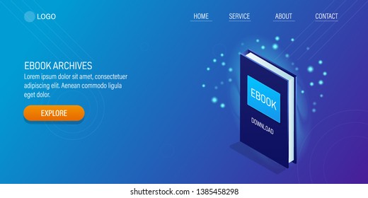 3D, isometric design of Ebook, Reading online, Digital education, vector concept with icons and texts