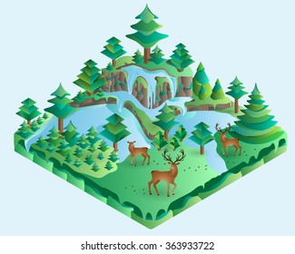 3d isometric design nature landscape illustration with forest, hills,rocks, waterfall, spruces, deer, hind, flowers  and meadow. Vector.