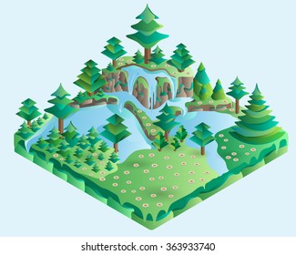 3d isometrische Landschaftsbild mit Wald, Hügel, Felsen, Wasserfall, Fichte, Blumen und Wiese. Vektorillustration.