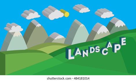 3d isometric design nature landscape illustration with hills, mountains, sky and sun. Vector illustration