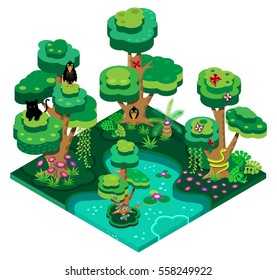 3d isometric design nature landscape illustration with forest, lake, trees, bees, butterflies, snake and crow. Vector illustration.