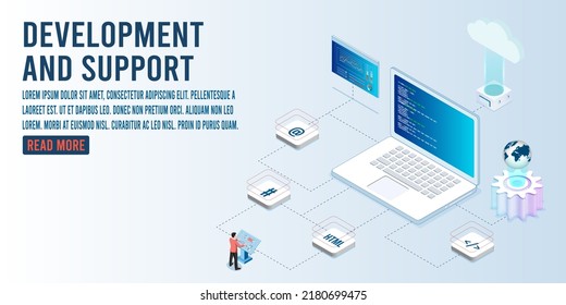 3D Isometric Development And Support Concept With Technical Support System, System Administrator, Developer Of Project Team, Programmer And Engineering Development.  Vector Illustration Eps10