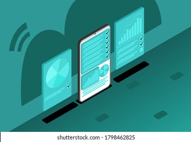 3D isometric diagram concept, ceklist business digital cloud database system office , interface finance display vector illustration background