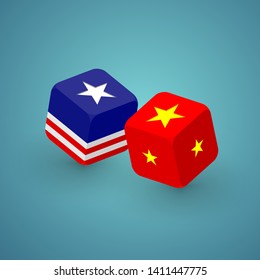 3D isometric Dice with America and China flag pattern, Trade war and tax crisis concept design illustration isolated on blue gradients background with copy space, vector eps 10