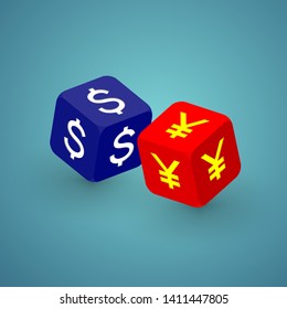 3D isometric Dice with currency symbol of America and China, Trade war and tax crisis concept design illustration isolated on blue gradients background with copy space, vector eps 10