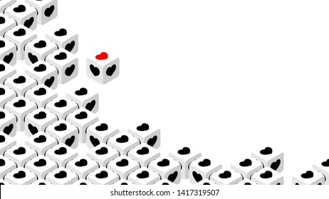 3D isometric Dice with heart symbol, Valentine's day Love and Risk concept design illustration isolated on white background with copy space, vector eps 10