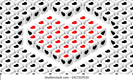 3D isometric Dice with heart symbol, Valentine's day Love and Risk concept design illustration isolated on white background with copy space, vector eps 10