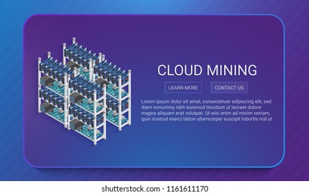 3d isometric digital currency or cryptocurrency mining farm vector concept in trendy soft gradient style.