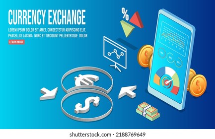3D concepto de intercambio digital de moneda digital isométrico con tecnología de negocios para teléfonos móviles para personas de negocios y aplicaciones de economía en línea para intercambio rápido de divisas. Ilustración vectorial eps10