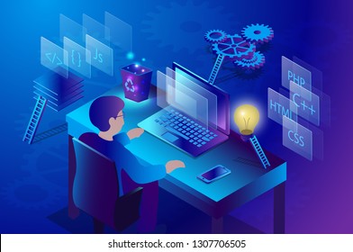 3d isometric digital design programing software and website coding. Man on the computer working at creating new program.