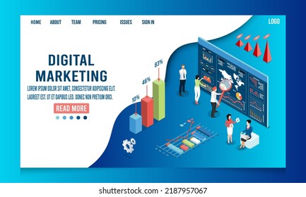 3D isometric Digital Marketing concept for business and social media marketing, mobile advertising, content marketing, Business analysis, content strategy, and management. Vector illustration eps10