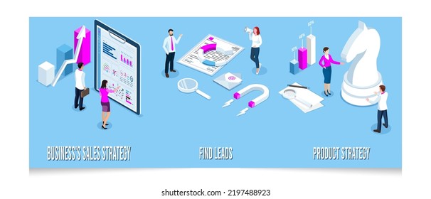 3D isometric Digital Marketing concept with business's sales strategy, Fine leads, Product strategy and a marketing plan. Eps10 vector illustration