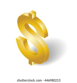 3D isometric dollar money symbol gold color icon, business finance and banking concept, vector illustration design isolated on white background