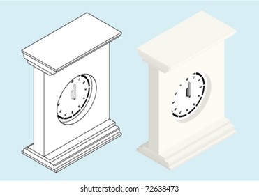 3d isometric drawing of a clock. Outline and solid fill. Vector Version.