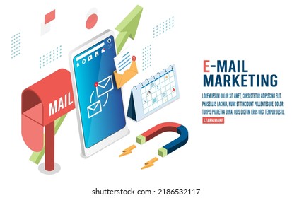 3D isometric E-mail marketing concept with email inbox electronic communication, marketing research, e-mailing notification. Vector illustration eps10
