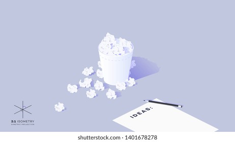 3d Isometric Empty Paper Sheet With With Pencil, Crumpled Paper And Recycle Bin. Conceptual Vector Illustration. Looking For Ideas.