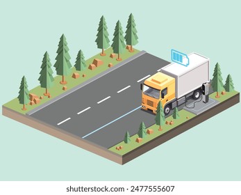 3D Isometric EV Car Charging Station local road in Futuristic trasportation Setting car truck flat illustration