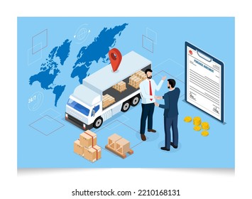 3D concepto de negocio de exportación e importación isométrica con apretón de manos de hombres de negocios y negocios frente a un documento de contrato en terminal de contenedores industriales. Ilustración vectorial eps10