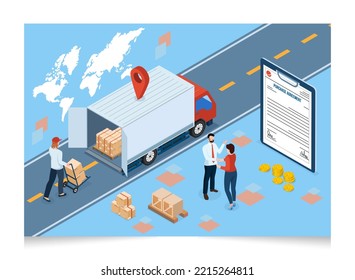 3D isometric Export and Import Business concept with Businessmen handshake and deal business in front of a contract document at industrial container terminal. Vector illustration eps10