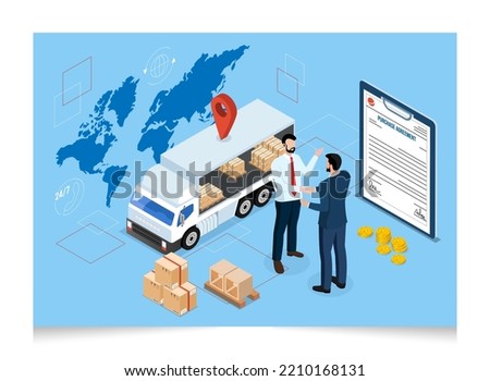 3D isometric Export and Import Business concept with Businessmen handshake and deal business in front of a contract document at industrial container terminal. Vector illustration eps10
