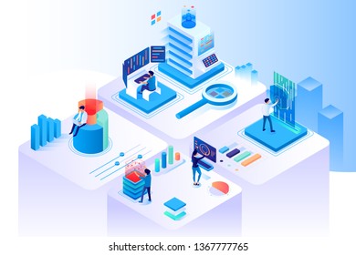 3d isometric extended data center with computers, diagram and information security. Concept modern technology device, employee relationship, finance analysis. Low Poly. Vector illustration.