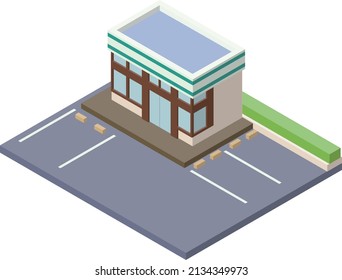 3D isometric exterior illustration of a convenience store with parking. Simple, three-dimensional isometric style material that can be used for infographics.