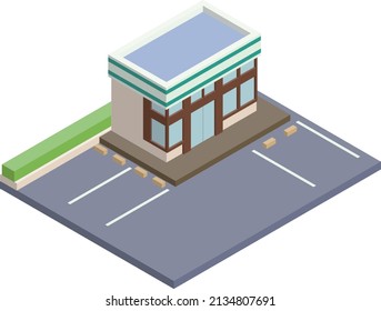 3D isometric exterior illustration of a convenience store with parking. Simple, three-dimensional isometric style material that can be used for infographics. facing right