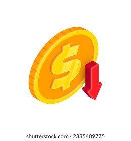 3D isometric falling money concept. Vector Isometric gold coin and red decreasing arrow. 3d Cash, banking, casino, business failure, economic downturn, financial crisis, currency collapse symbol.